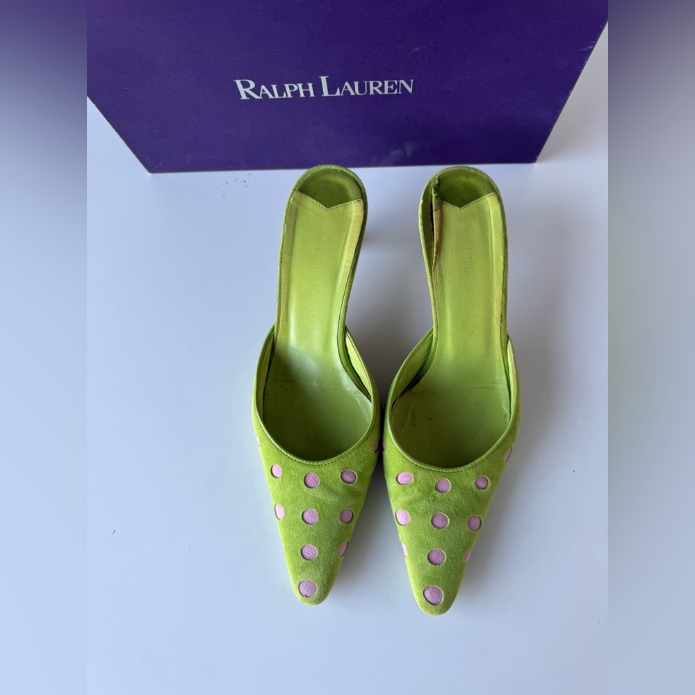 Ralph Lauren Lime Green Mules with Pink Polka Dots size -7 PREOWNED